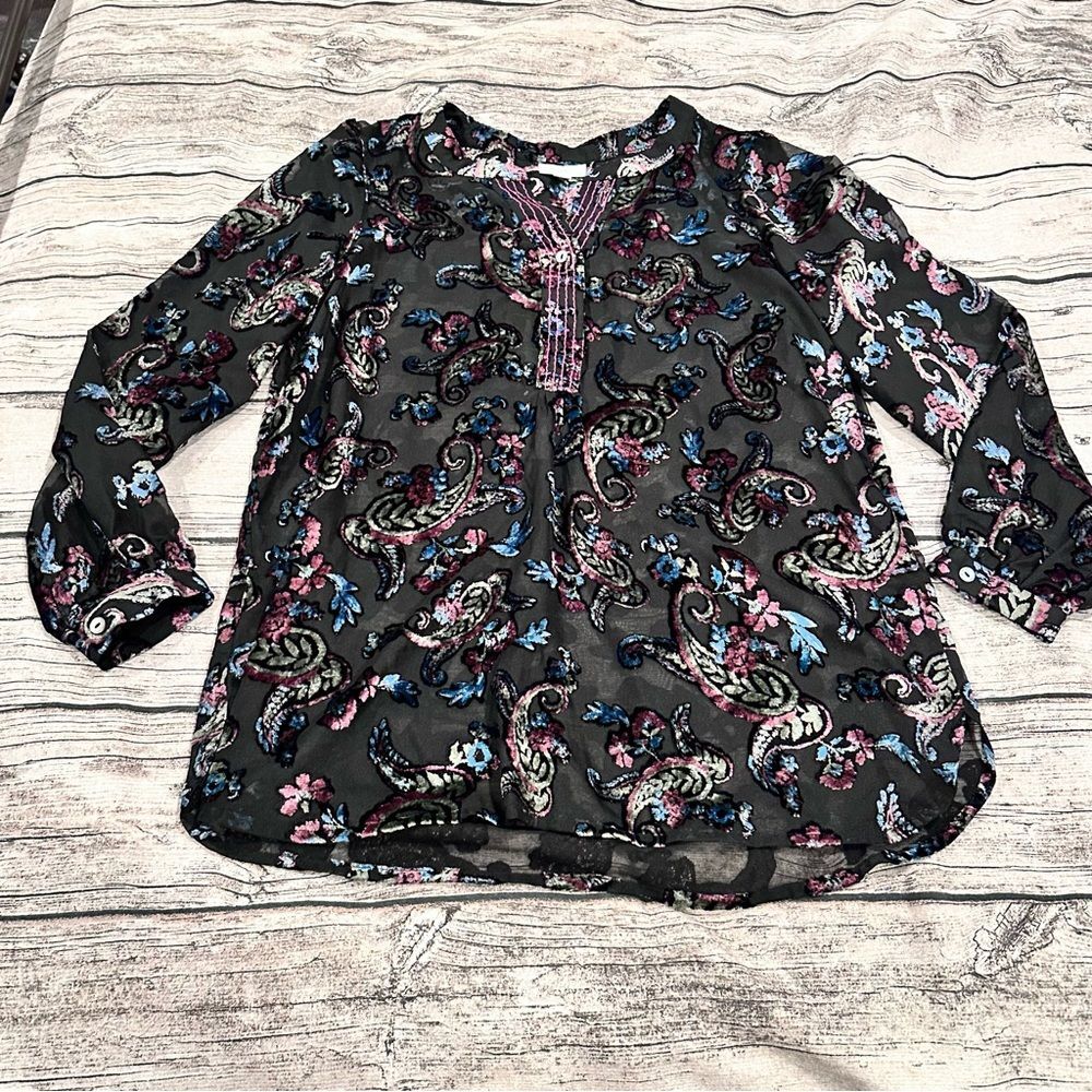 J. Jill Sheer and Velvet Tunic; Relaxed 3/4 Sleeve Blouse Size Small